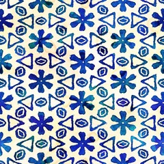 Native batik seamless watercolor artistic boho style colorful square pattern.