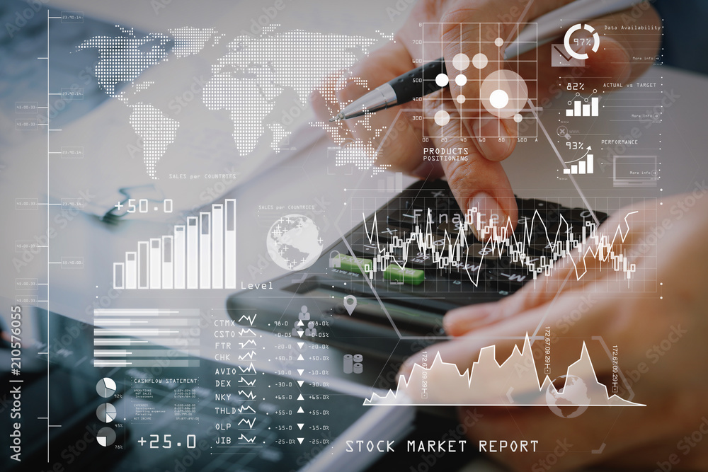 Poster close up of businessman hand working with finances about cost and calculator and latop with mobile p