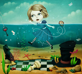 Obraz na płótnie Canvas Conceptual fantastic illustration of fairy tale Wonderland with girl in sea. 