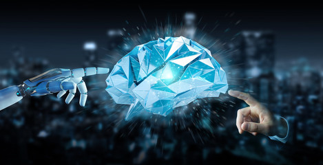 White humanoid hanid creating artificial intelligence 3D rendering