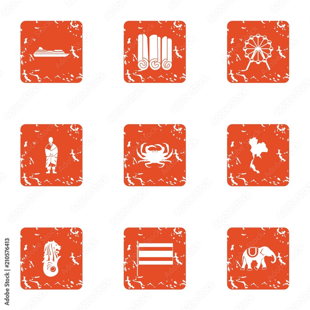Poster excursion to asia icons set. grunge set of 9 excursion to asia vector icons for web isolated on whit
