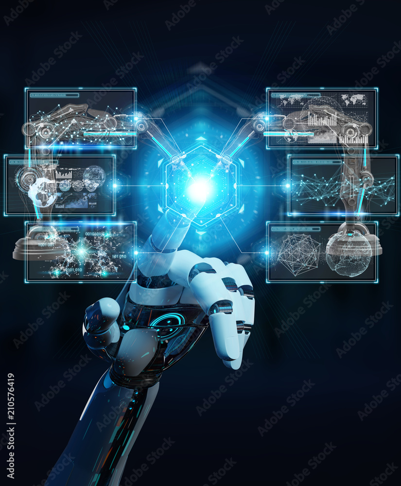 Poster white robot hand using robotics arms with digital screen 3d rendering