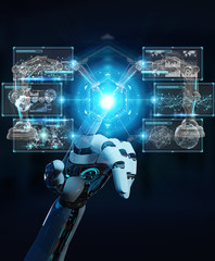 White robot hand using robotics arms with digital screen 3D rendering