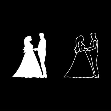 Bride and groom holding hands icon set white color illustration flat style simple image