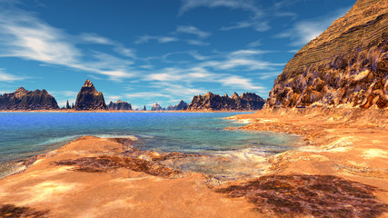 Alien Planet. Mountain and  water. 3D rendering