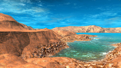 Alien Planet. Mountain and  water. 3D rendering