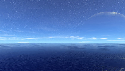 Alien Planet. Ocean and moon. 3D rendering