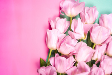 Pink tulips on thebright colorful background. Flat lay, top view. Valentines background. Horizontal, copy space for text