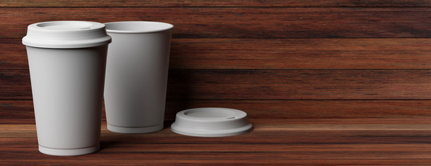 Coffee cups 2, white, with a lid,  isolated on wooden background, copy space, banner, 3d illustration.