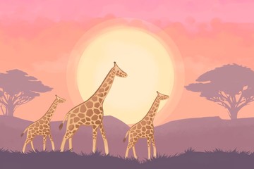 African landscape with giraffes and trees.