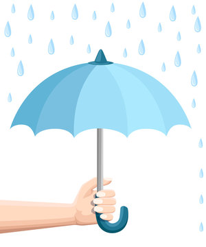 Hand holding blue umbrella. Umbrella protection from rain. Flat style design. Vector illustration isolated on white background