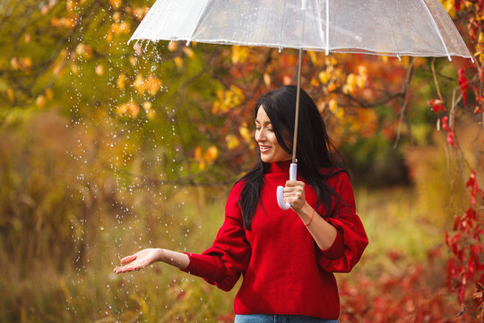 Cheerful Young Woman With Umbrella