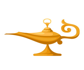 Oil lamp illustration. Aladdin magic or genie lamp. Flat style vector illustration. Isolated on white background - obrazy, fototapety, plakaty