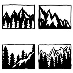 Set of hand drawn hiking and tourism emblems. Design element for logo, poster, card, emblem, print.