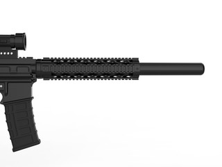 Modern army assault rifle with silencer - closeup on the barrel - side view