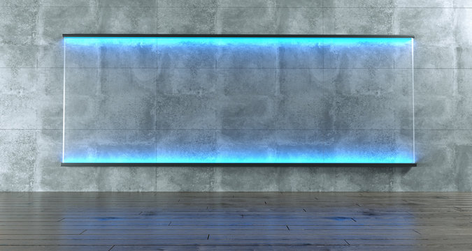 Room With Grunge Concrete Wall With Rectangle Blue Lightened Glass. Empty Space.3D Rendering