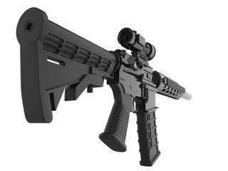 Full black modern assault rifles - back view closeup shot