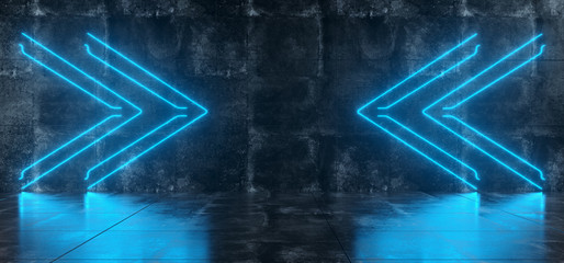 Futuristic Sci FI Grunge High Contrast Concrete Reflective Room With Blue Neon Light Arrows Empty Space 3D Rendering