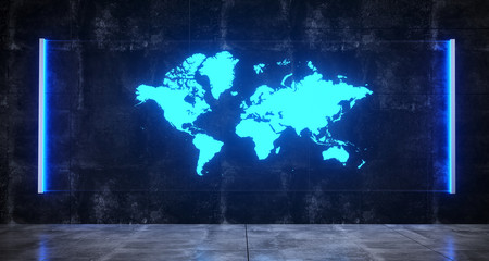 Futuristic Sci FI  Concrete Dark Room With World Map On Hologram Blue Light Glass On Wall Technology Concept  3D Rendering
