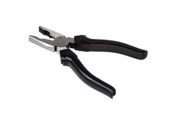 pliers shiny with black handle on white background
