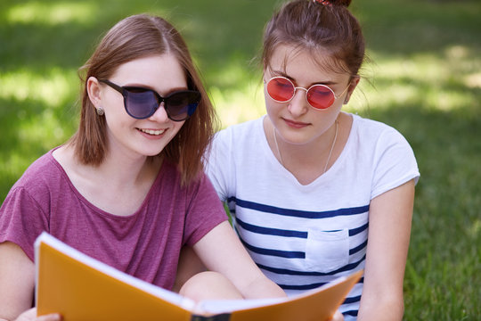 Positive lovely female friends have concentrated look into book, find out new useful inforamtion, pose outdoor, breth fresh air, rest on green grass, admire beautiful nature and sunny weather