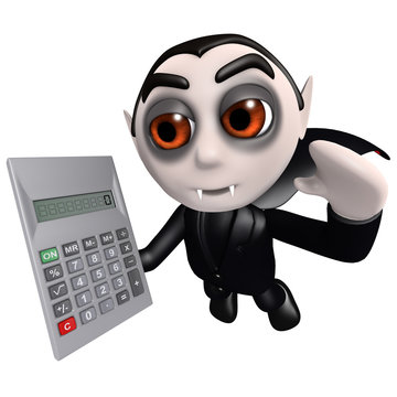 3d Funny cartoon Halloween dracula vampire holding a calculator
