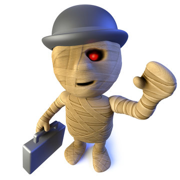 3d Funny cartoon Egyptian mummy character wearing a bowler and carrying a briefcase