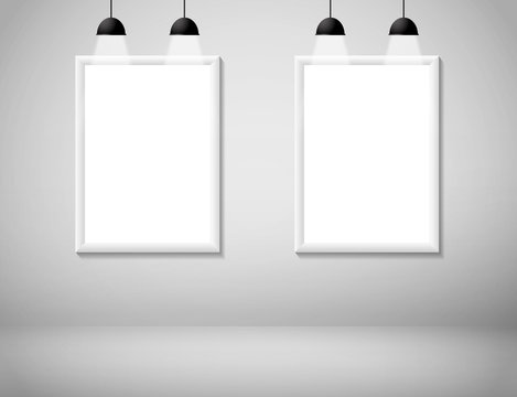 Blank white frame on wall with lamp vector illustration