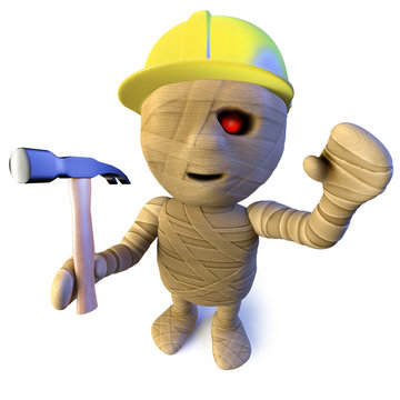 3d Funny cartoon Egyptian mummy character wearing a hard hat and holding a hammer