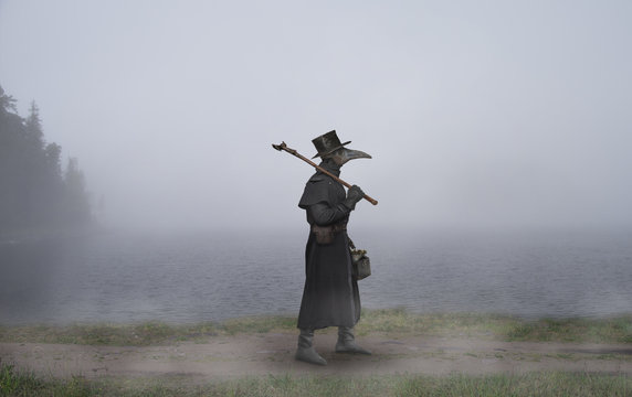 Reconstruction Of The Medieval Scene: The Plague Doctor On The Way