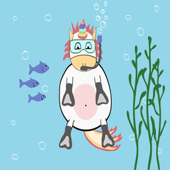 unicorn submarine floating in the mask and flippers