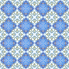 Collection seamless patchwork pattern from Moroccan ,Portuguese tiles in blue and brown colors. Decorative ornament can be used for wallpaper, backdrop, fabric, textile, wrapping paper.