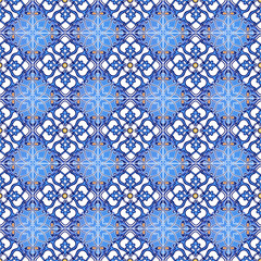 Collection seamless patchwork pattern from Moroccan ,Portuguese tiles in blue and brown colors. Decorative ornament can be used for wallpaper, backdrop, fabric, textile, wrapping paper.