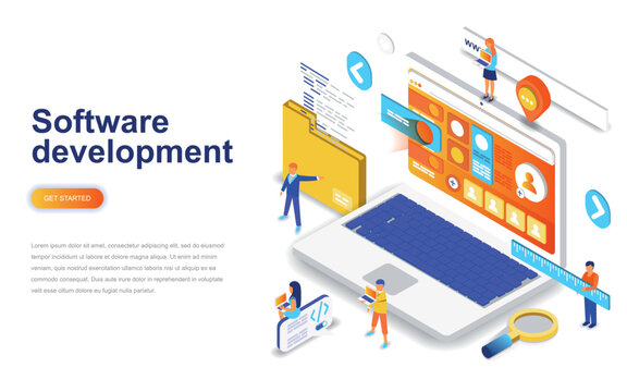 Software development modern flat design isometric concept. Developer and people concept. Landing page template. Conceptual isometric vector illustration for web and graphic design.