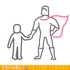 Superhero care help to child. Aid concept. Editable stroke sketch icon. Stock vector illustration.