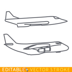 Military transportation plane silhouette. Cargo aircrafts. Editable stroke sketch icon. Stock vector illustration.