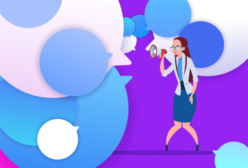 Obraz premium profile businesswoman hold megaphone new idea chat support over bubbles backgroung female emotion avatar, woman cartoon icon full length flat vector illustration
