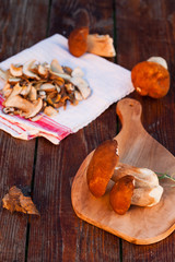 preparing fresh boletus edulis for drying over Wooden Background. Autumn Cep Mushrooms. Cooking delicious organic mushroom. Gourmet food