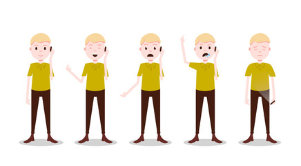 set teen boy character different poses and emotions phone call male template for design work and animation on white background full length flat person, vector illustration
