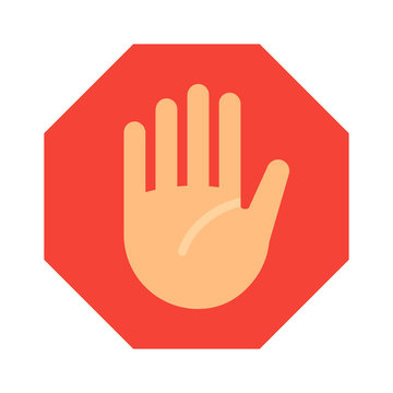 The stop hand sign. Flat design vector illustration. Forbidden symbol on a red background. 