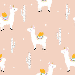 Fototapeta na wymiar Pastel childish seamless pattern with white alpaca unicorn and cacti. Vector hand drawn illustration.