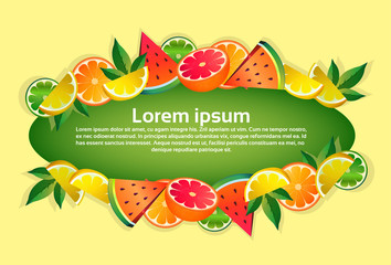 tropical fruits colorful circle copy space organic over yellow background healthy lifestyle or diet concept vector illustration