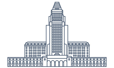 Los Angeles city hall building in thin line style. LA center of government, top rated attraction, popular sight - vector illustration on outline design.