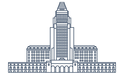 Los Angeles city hall building in thin line style. LA center of government, top rated attraction, popular sight - vector illustration on outline design.