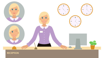 Young happy pretty blonde woman in uniform at the hotel reception. Vector illustration. Three different emotional faces. Smiling, serious, winking. Isolated on white background
