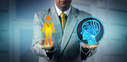 Manager Balancing One Female Worker And AI App