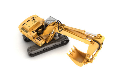 Top view of hydraulic Excavator isolated on white. 3d illustration.