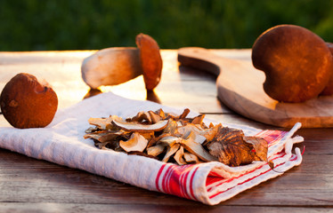preparing fresh boletus edulis for drying over Wooden Background. Autumn Cep Mushrooms. Cooking delicious organic mushroom. Gourmet food