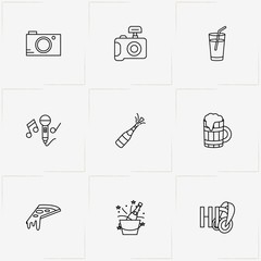 Party line icon set with photo camera, champagne  and headphone