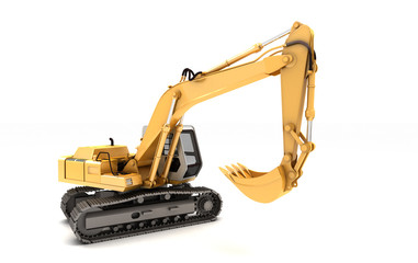Hydraulic Excavator with bucket turned to right. 3d illustration. High angle view. Wide angle. Isolated on white background